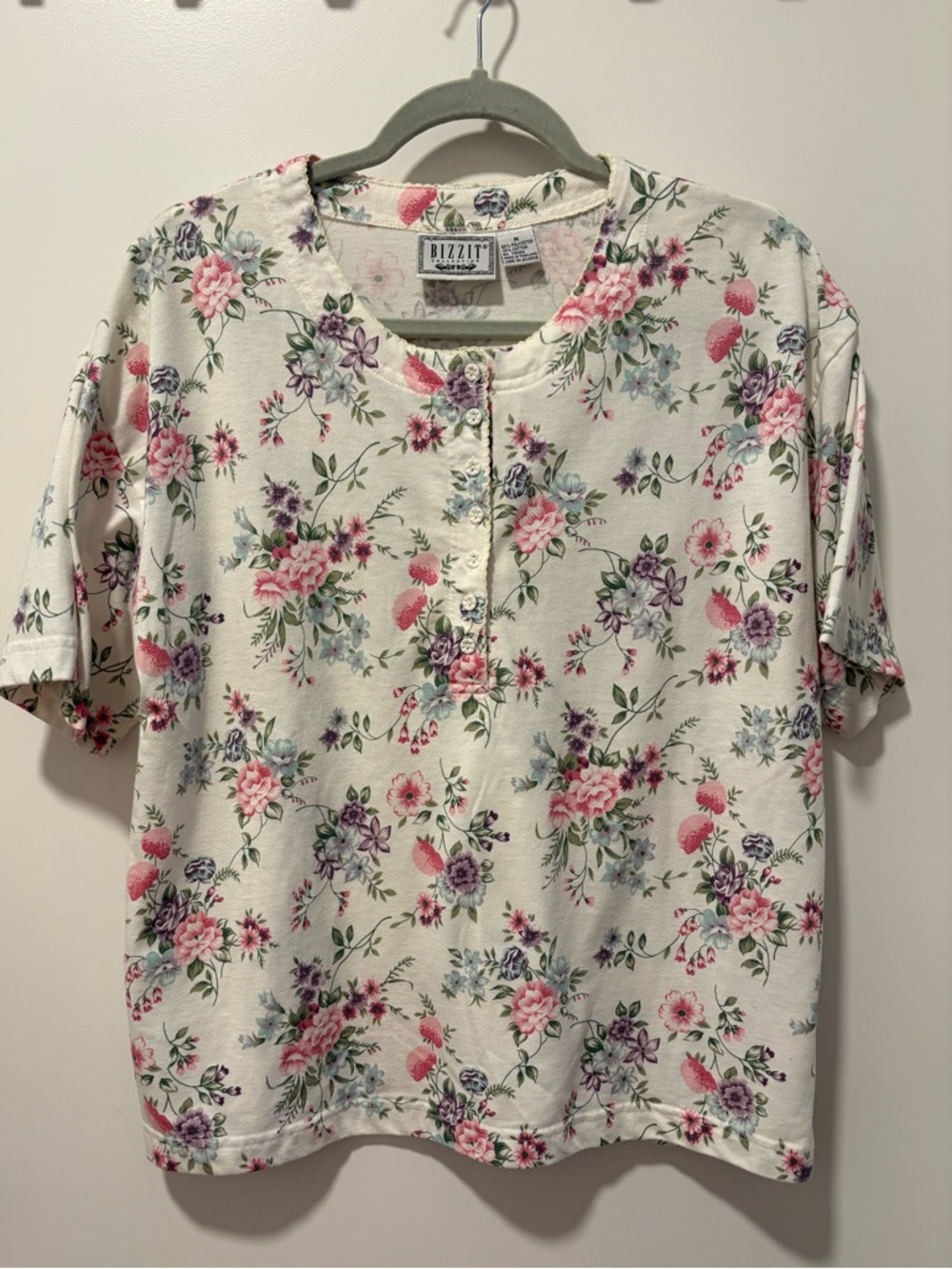 Bizzit Floral Henley Shirt - White with Pink & Purple Flowers